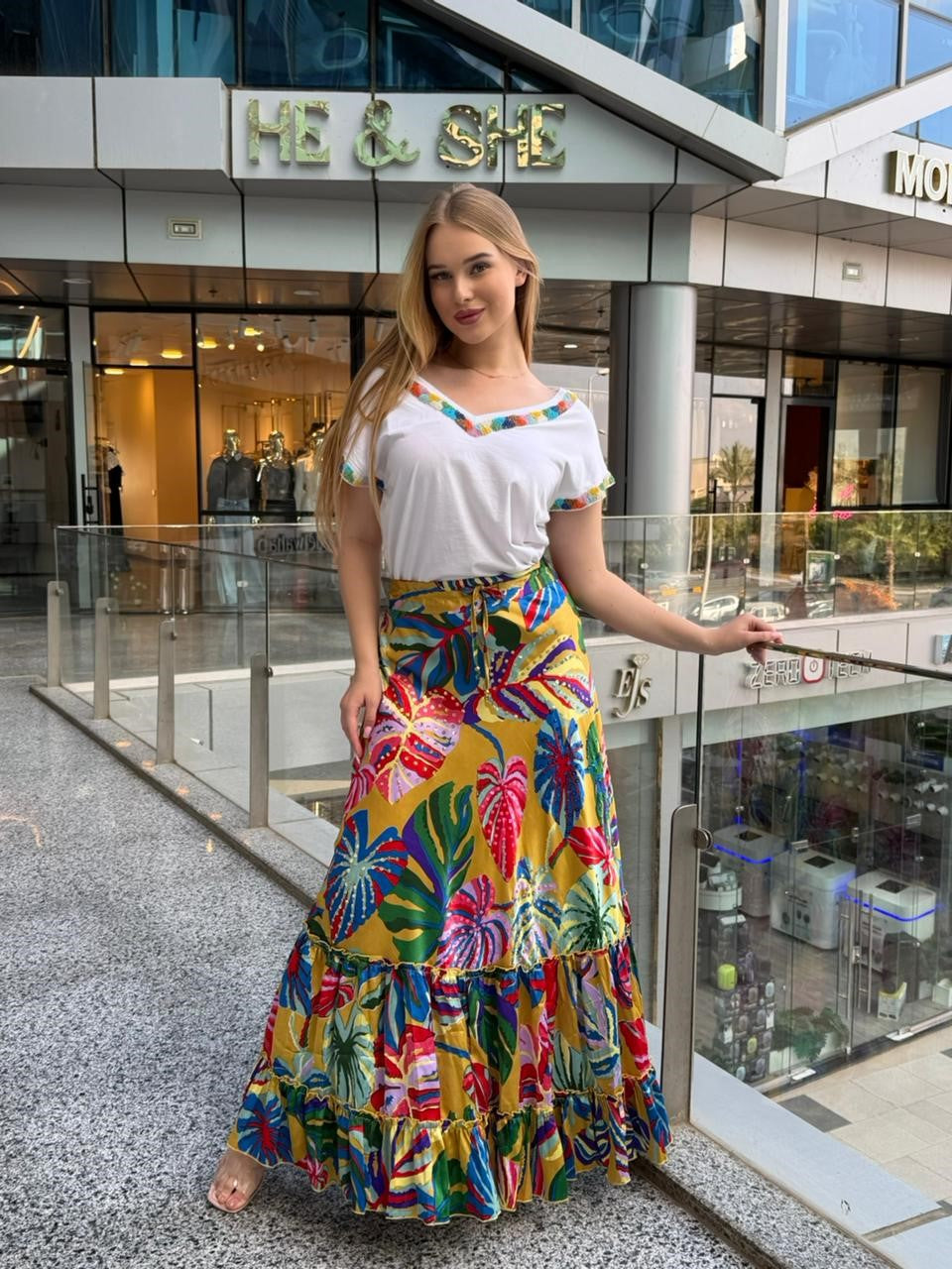 Tropical Print Tiered Maxi Skirt and Embroidered Top Set