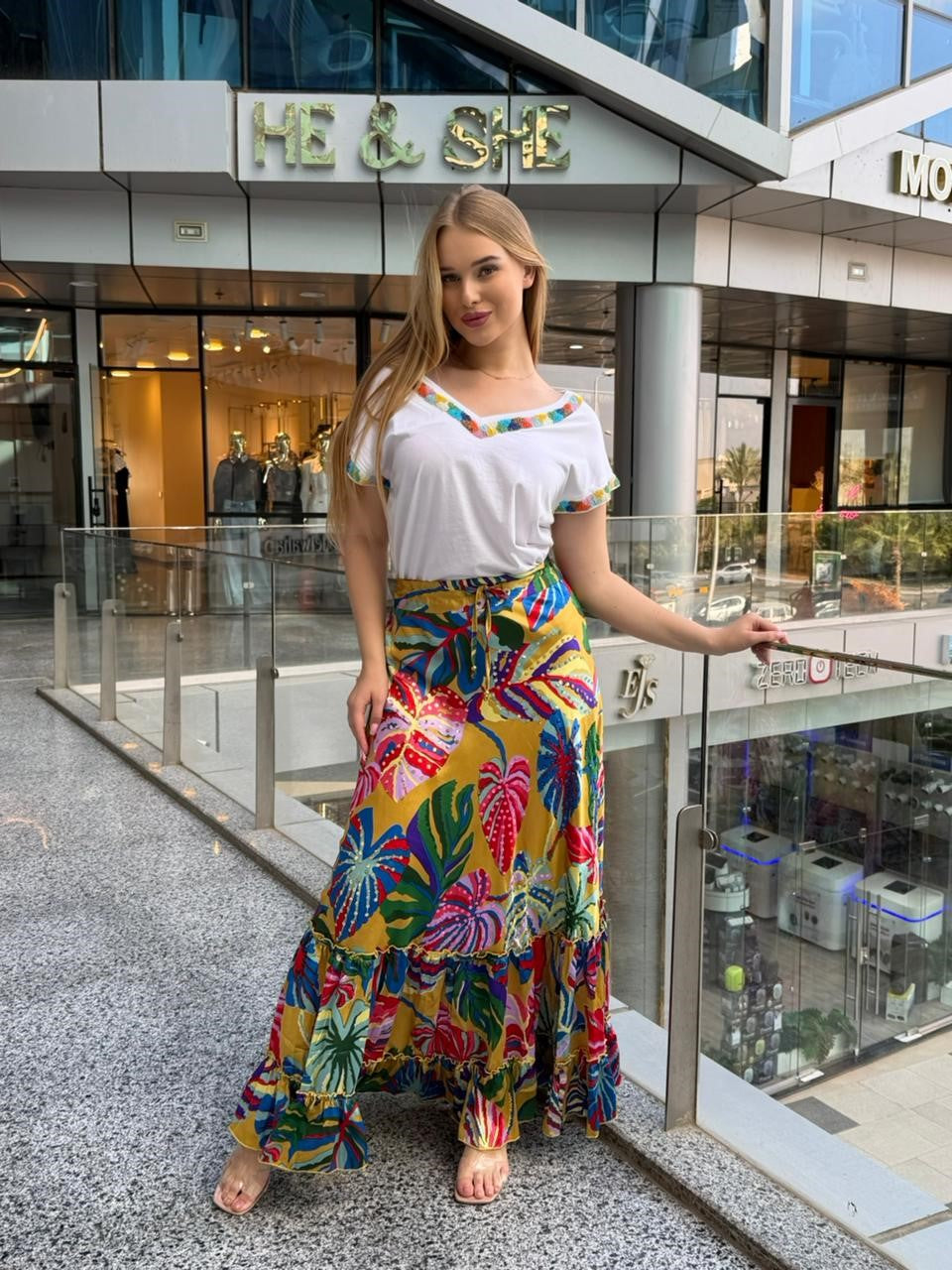 Tropical Print Tiered Maxi Skirt and Embroidered Top Set
