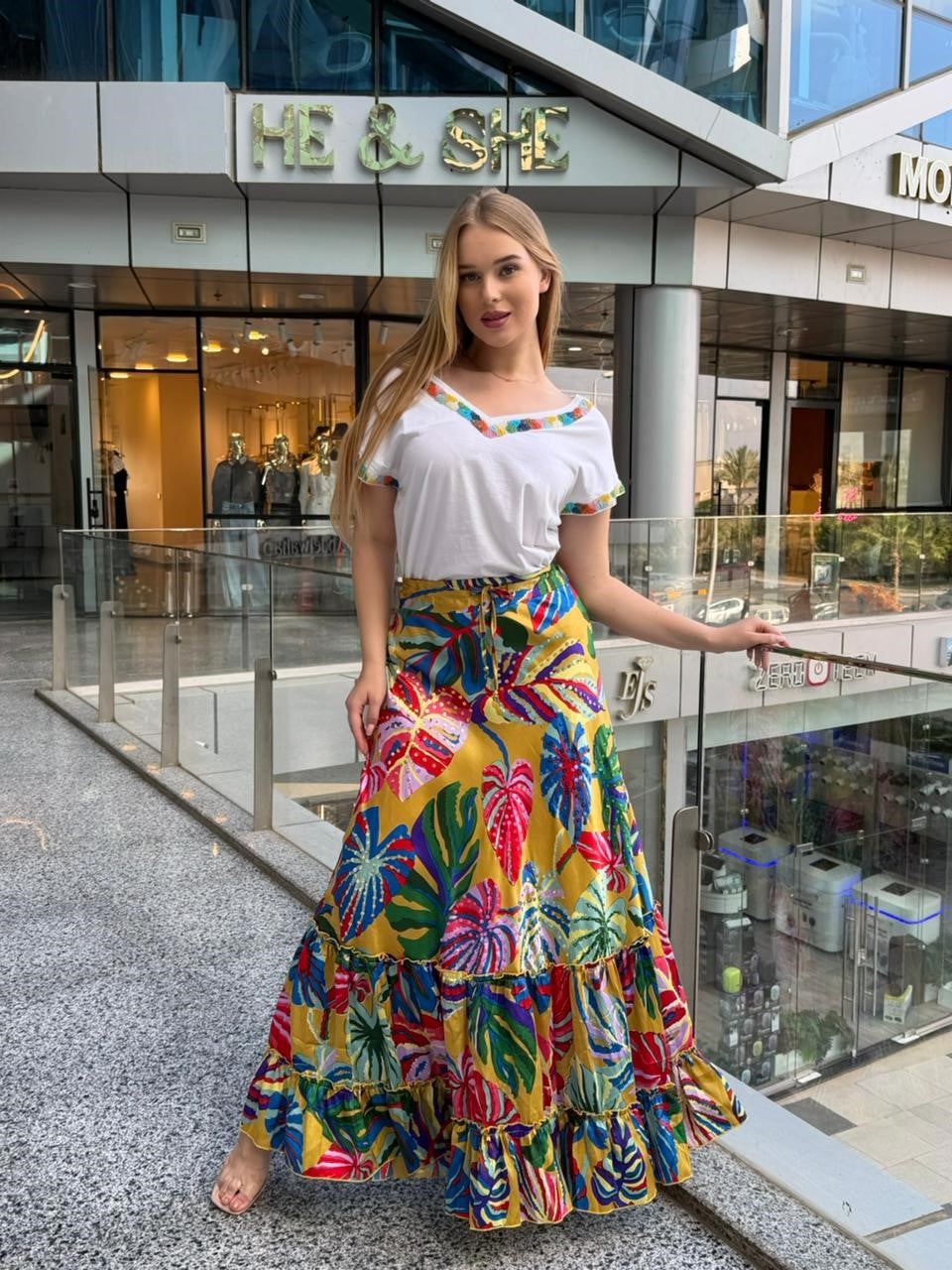 Tropical Print Tiered Maxi Skirt and Embroidered Top Set