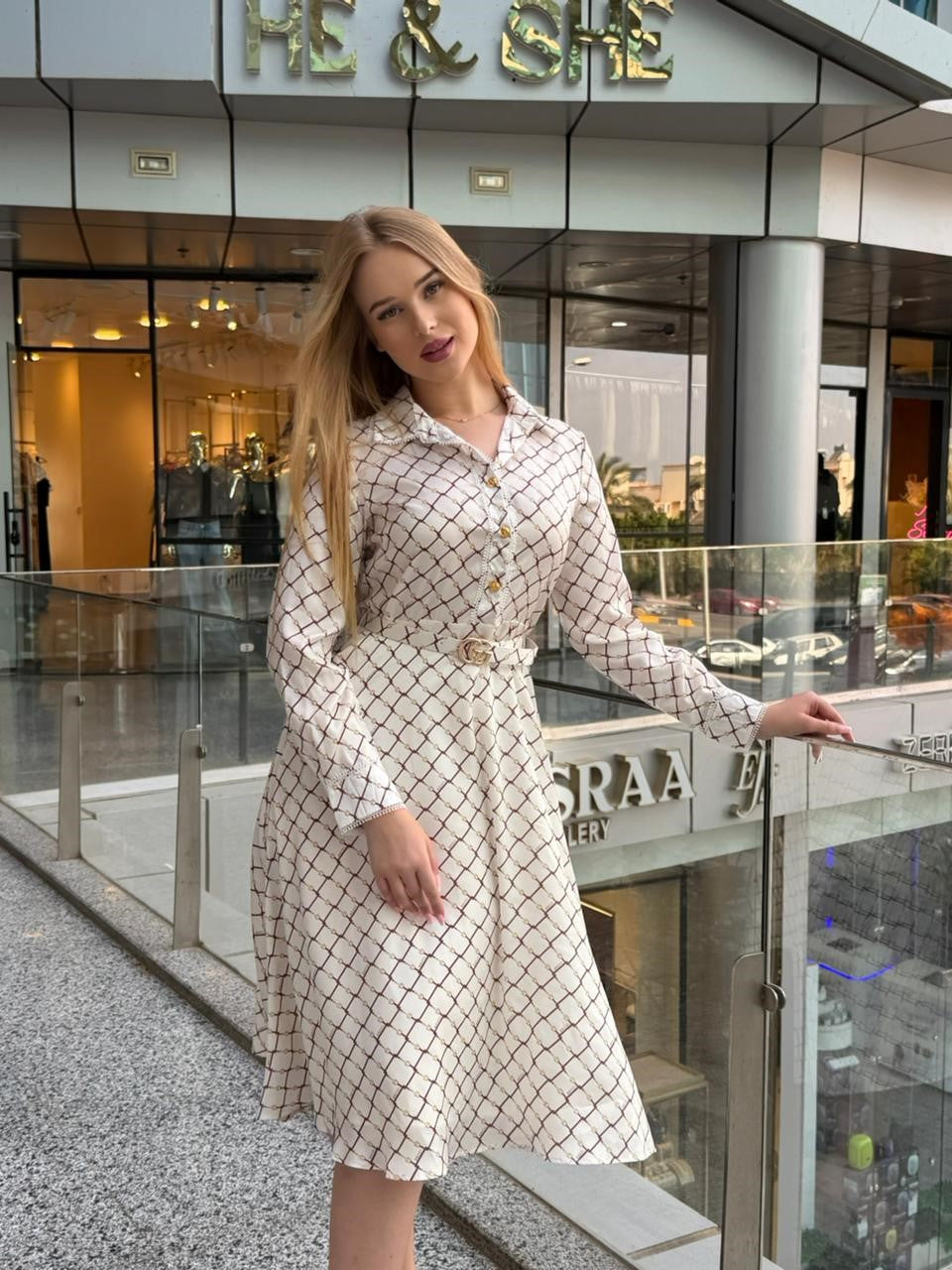 Chain-Print Belted Shirt Dress