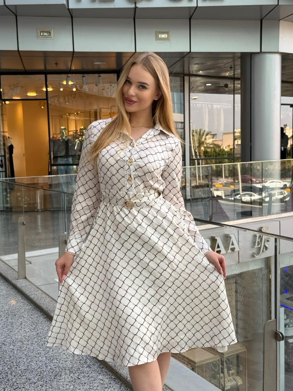 Chain-Print Belted Shirt Dress