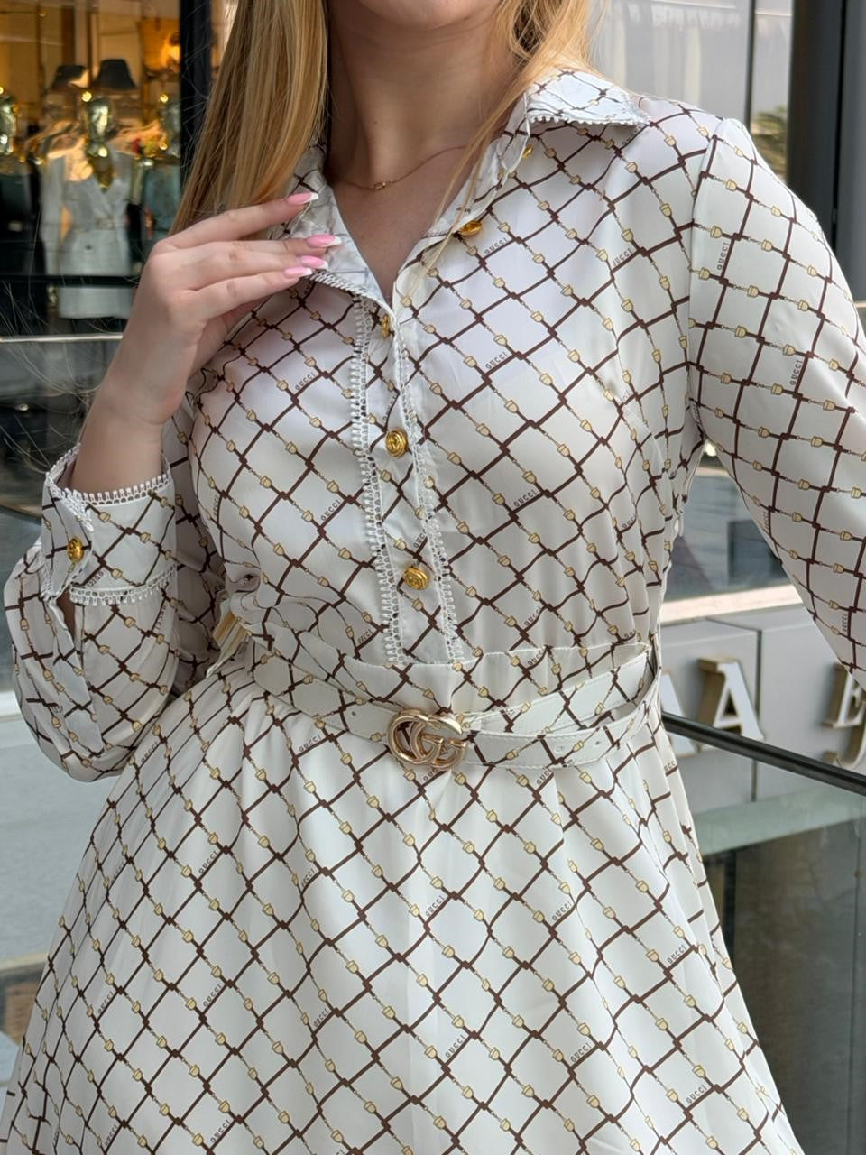Chain-Print Belted Shirt Dress