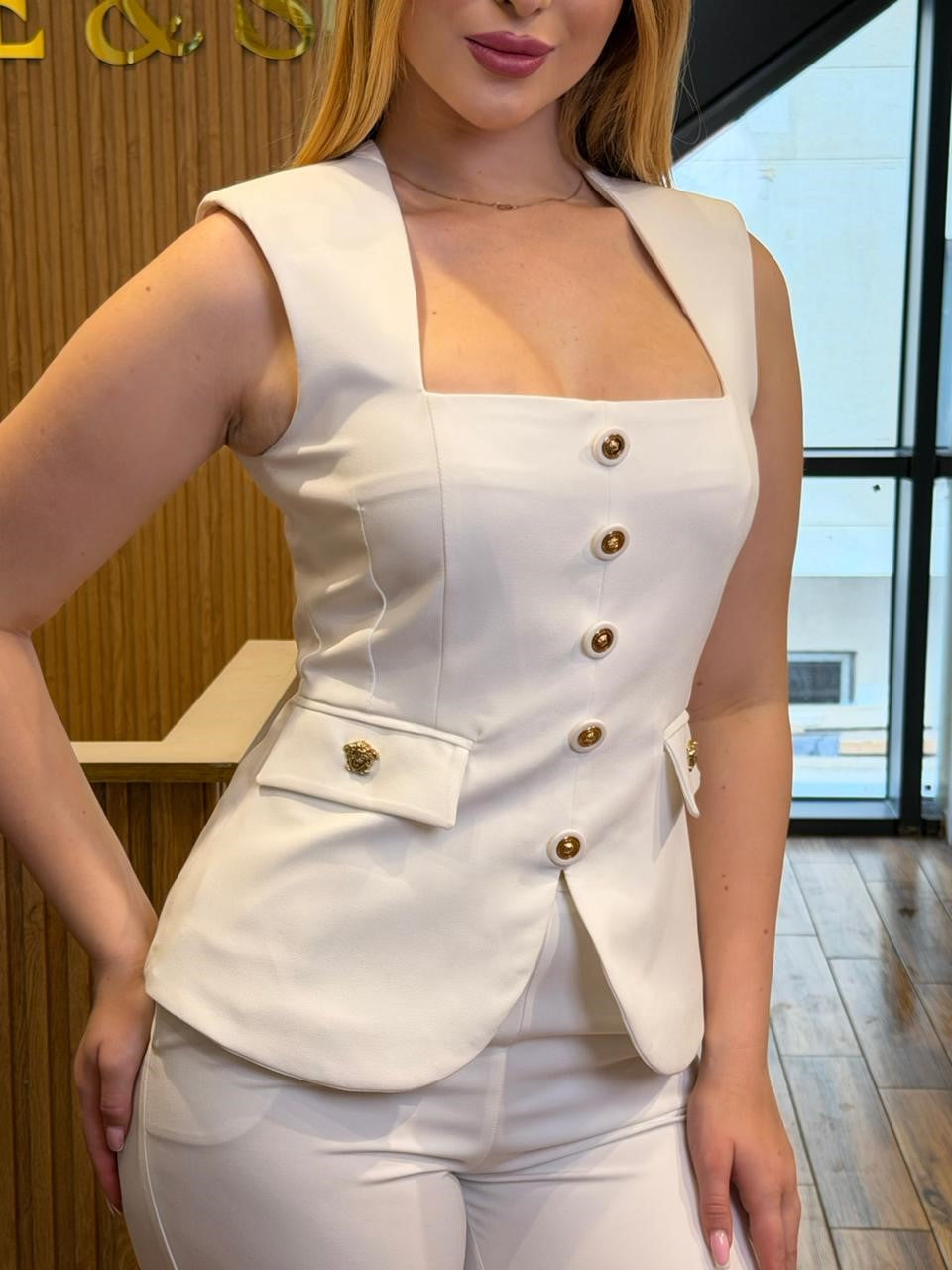 Sleeveless Square-Neck Waistcoat and Trousers Set