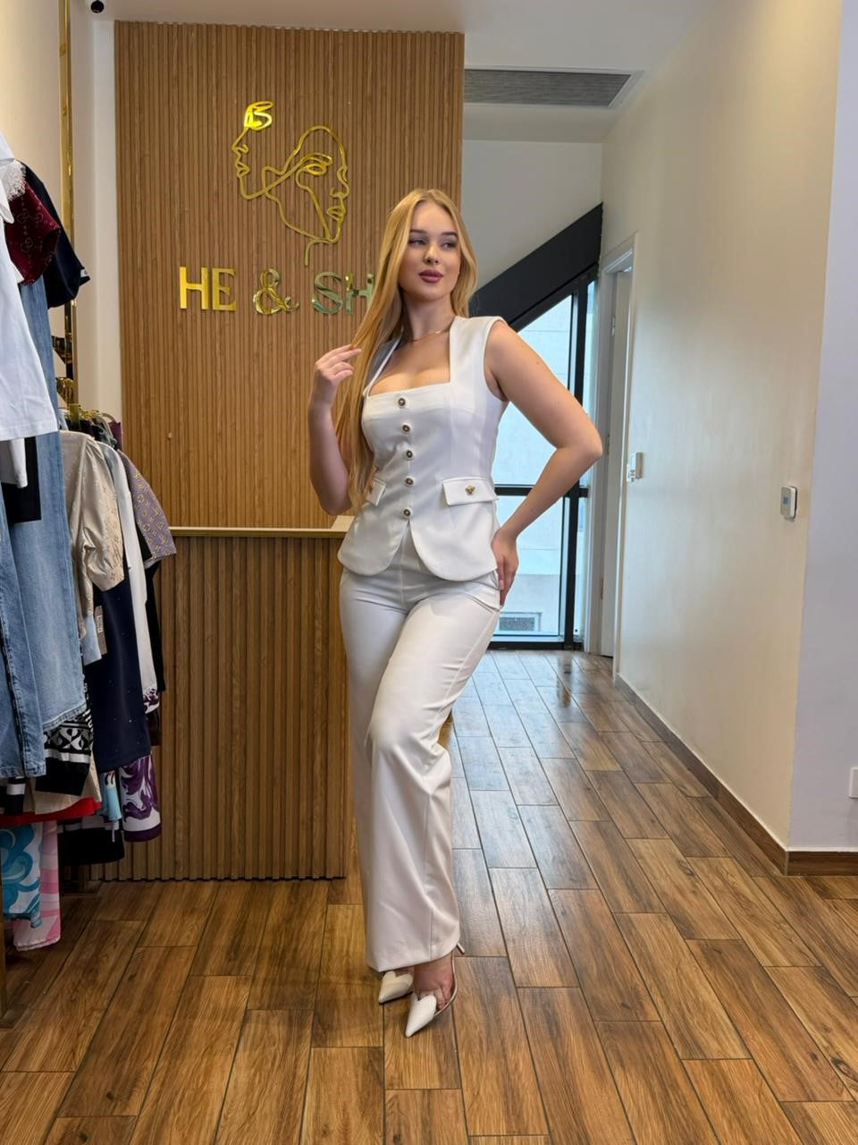 Sleeveless Square-Neck Waistcoat and Trousers Set