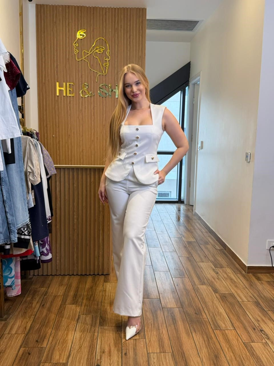 Sleeveless Square-Neck Waistcoat and Trousers Set