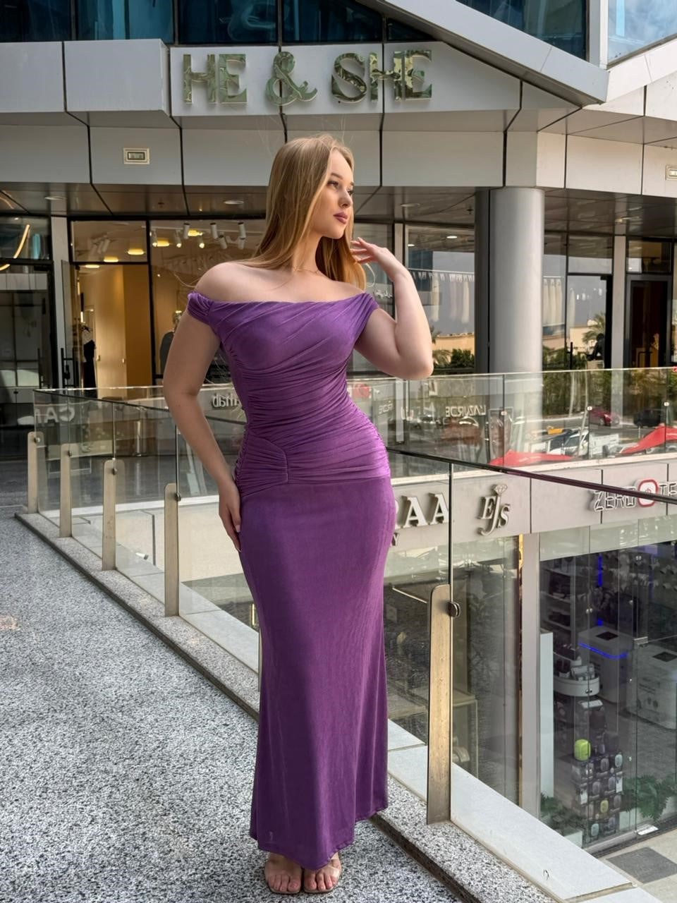 Off-the-Shoulder Ruched Maxi Dress