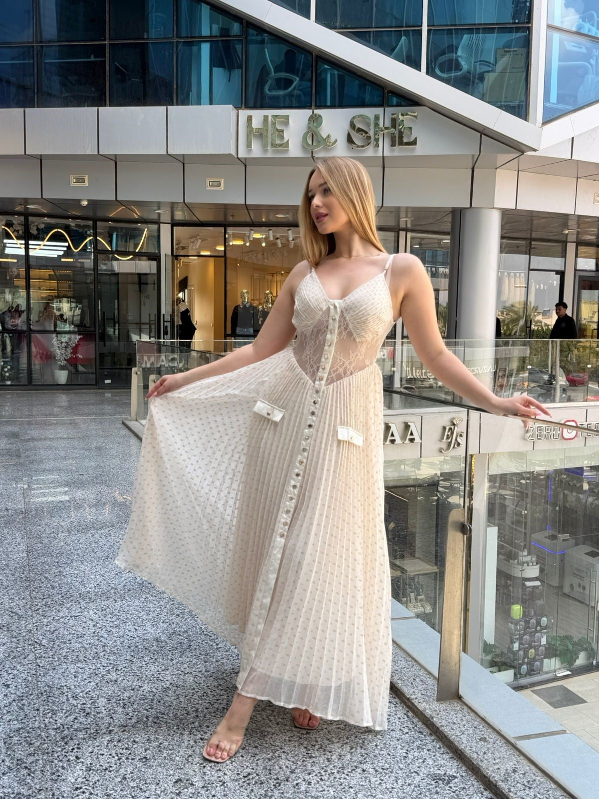 Lace-Insert Pleated Maxi Dress
