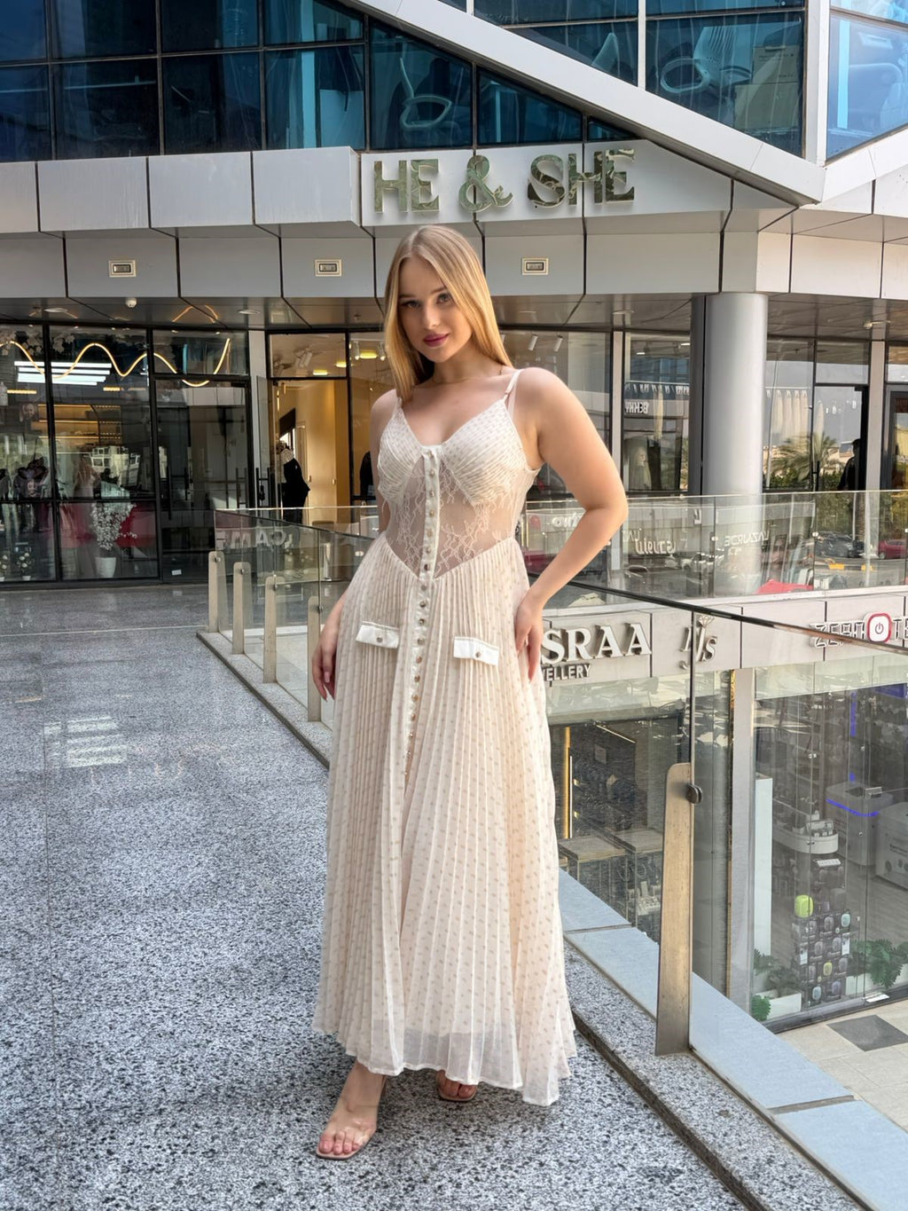 Lace-Insert Pleated Maxi Dress