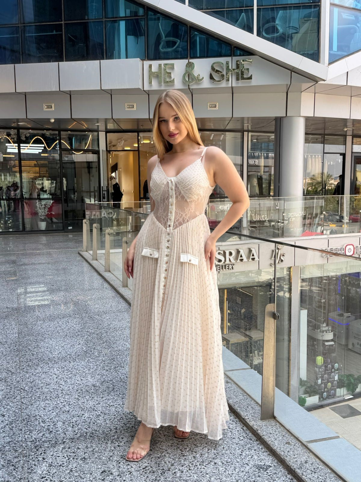 Lace-Insert Pleated Maxi Dress
