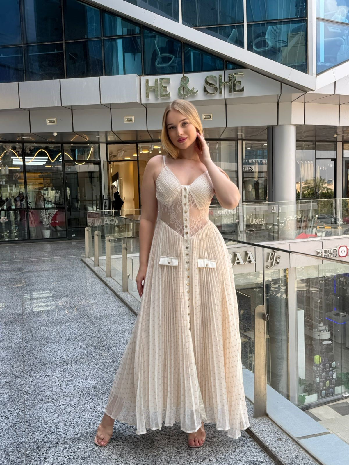 Lace-Insert Pleated Maxi Dress