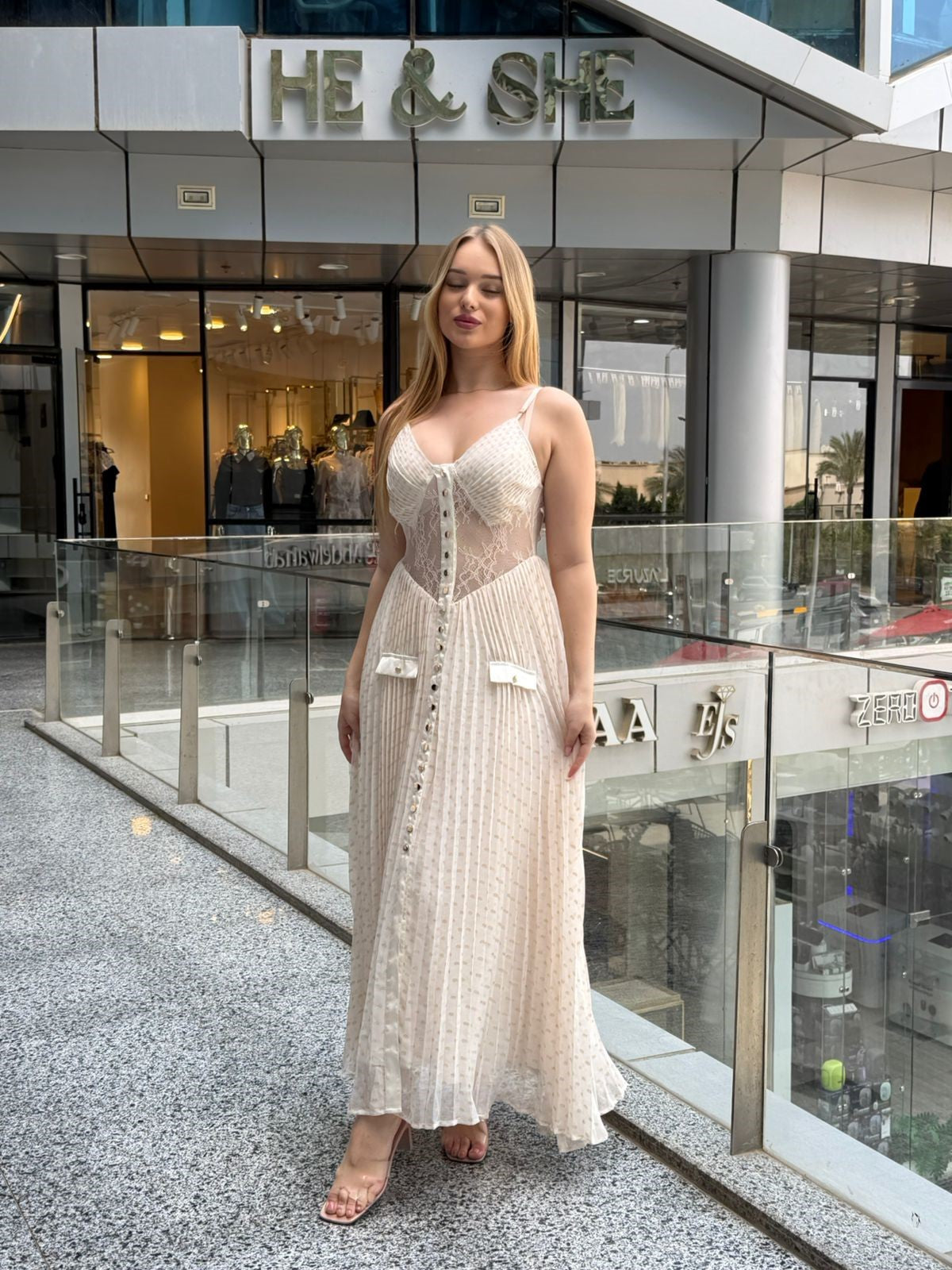 Lace-Insert Pleated Maxi Dress