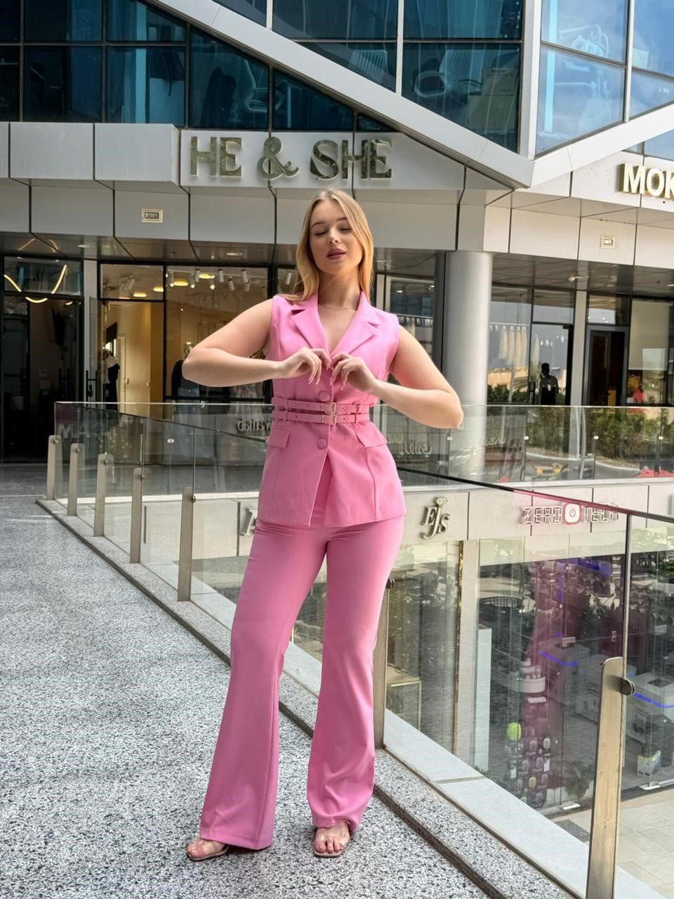 Sleeveless Belted Blazer and Trousers Set