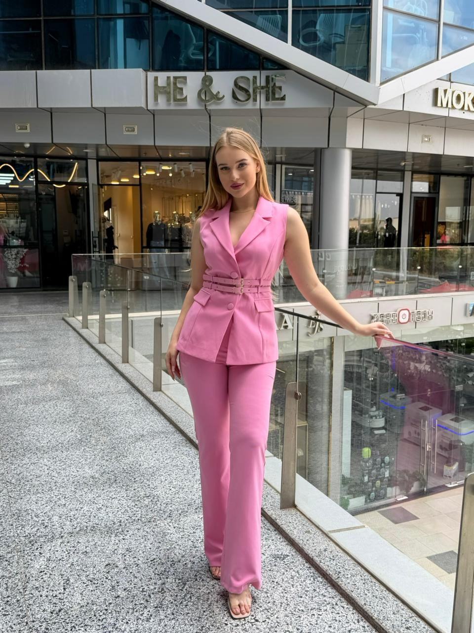 Sleeveless Belted Blazer and Trousers Set