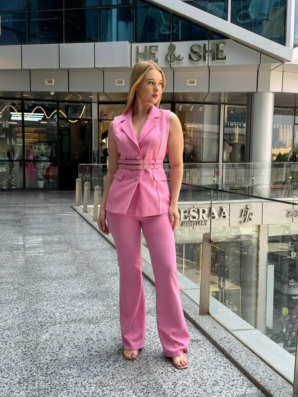 Sleeveless Belted Blazer and Trousers Set