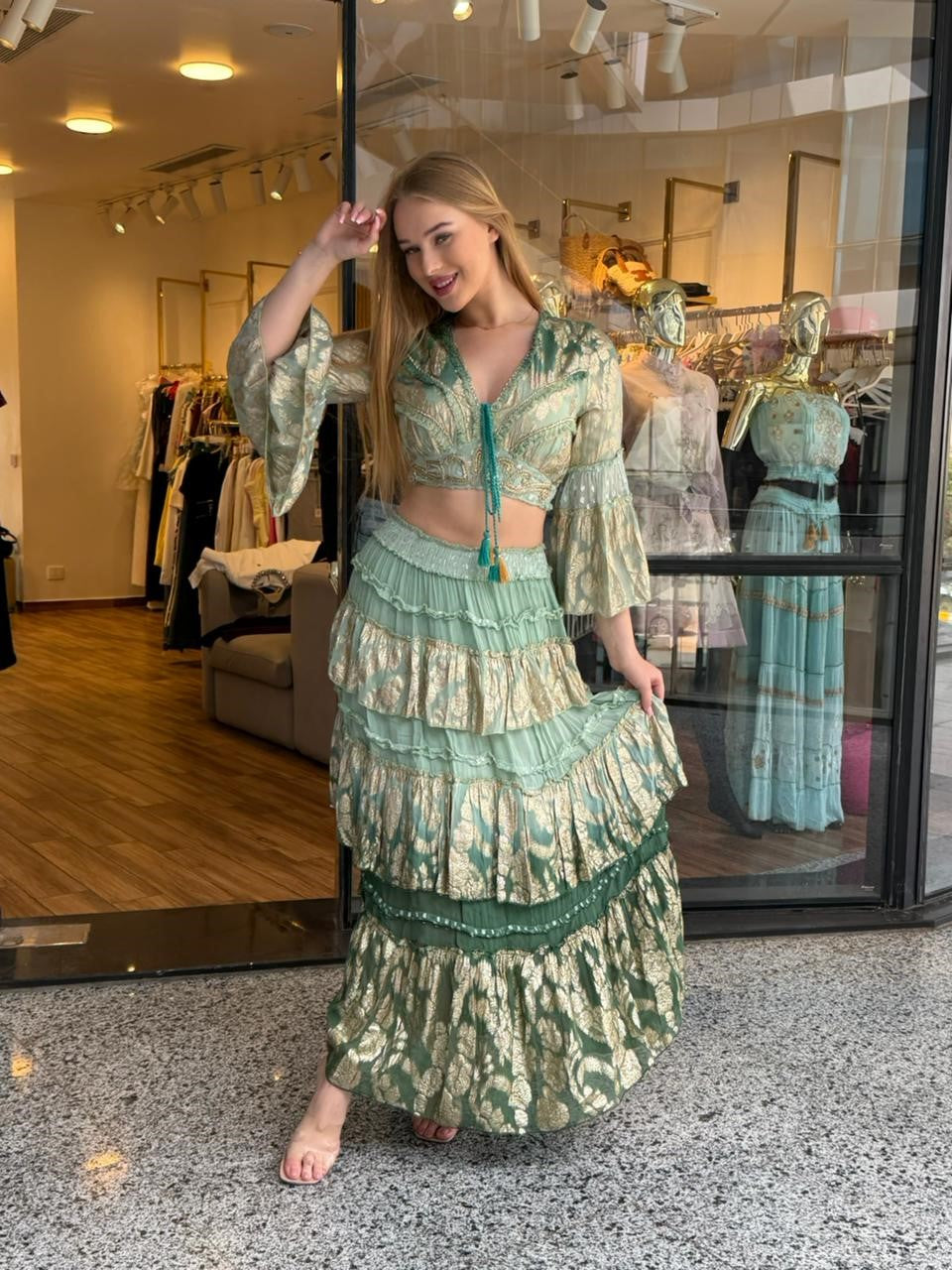 Sage Green Metallic Jacquard Tiered Maxi Set
