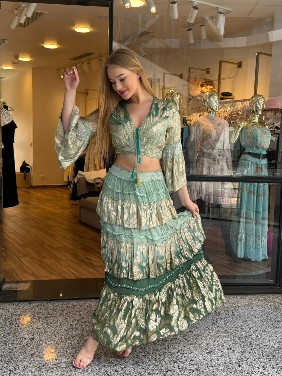 Sage Green Metallic Jacquard Tiered Maxi Set