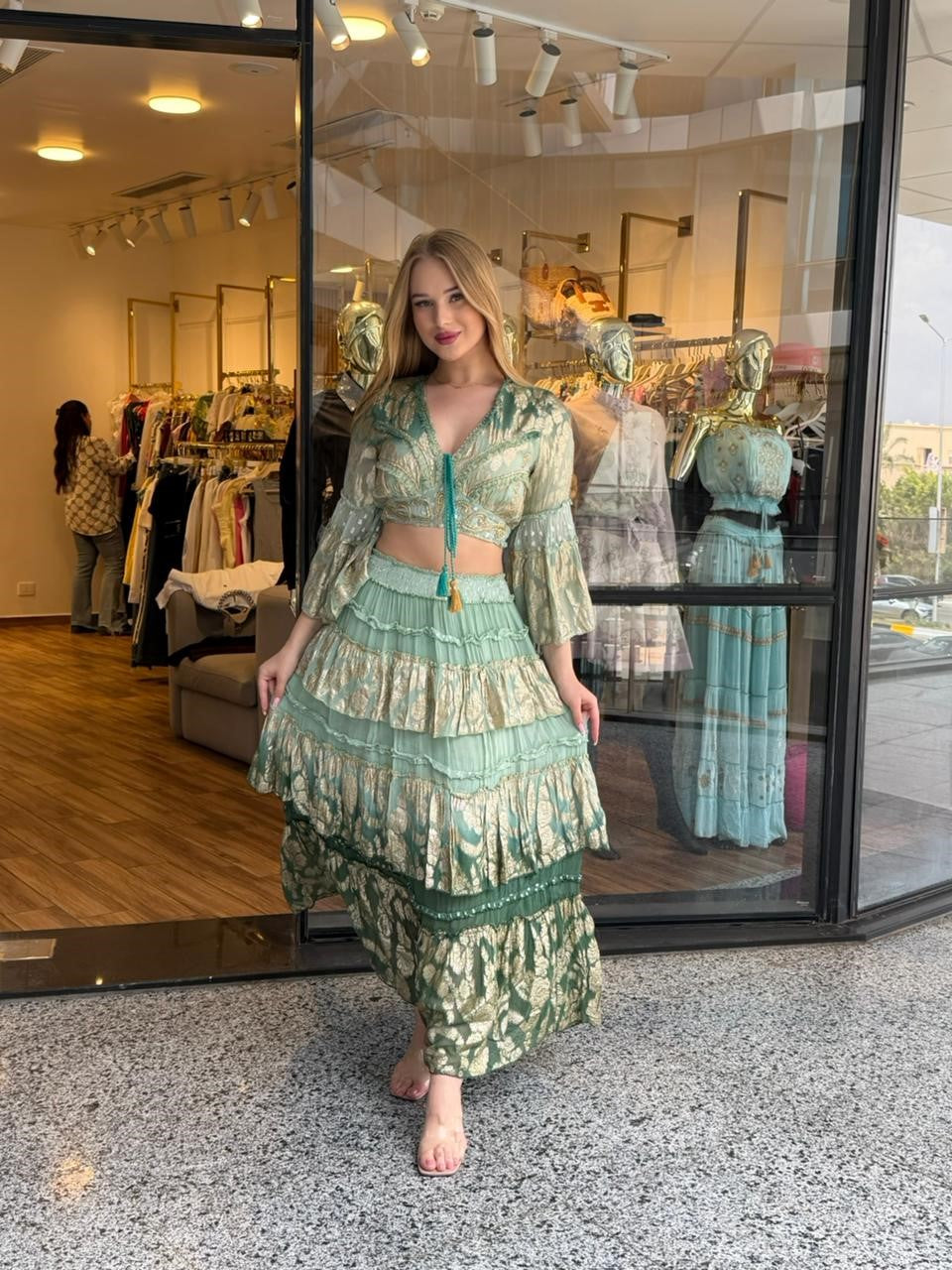 Sage Green Metallic Jacquard Tiered Maxi Set