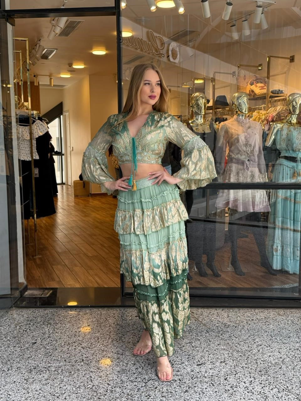 Sage Green Metallic Jacquard Tiered Maxi Set