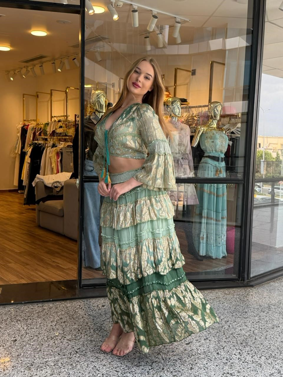 Sage Green Metallic Jacquard Tiered Maxi Set