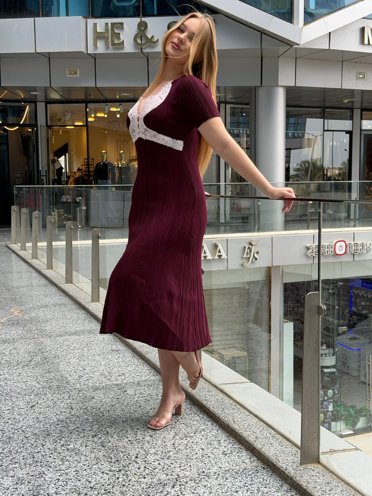 Lace-Trimmed Ribbed Midi Dress