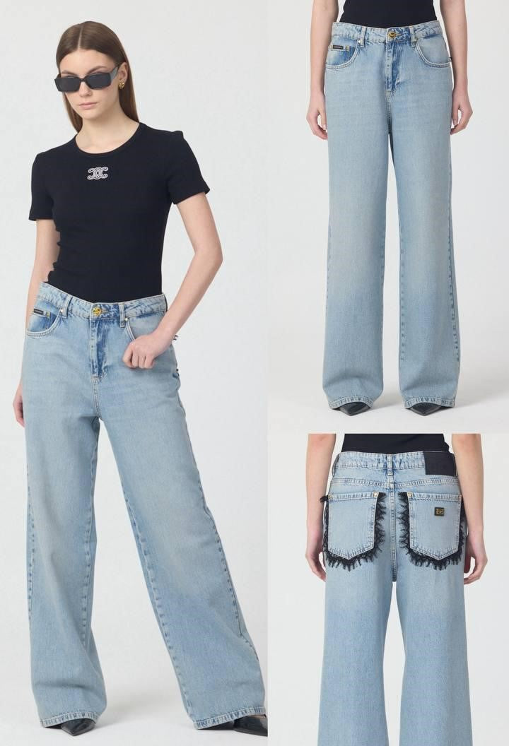 Lace-Trimmed Wide-Leg Jeans