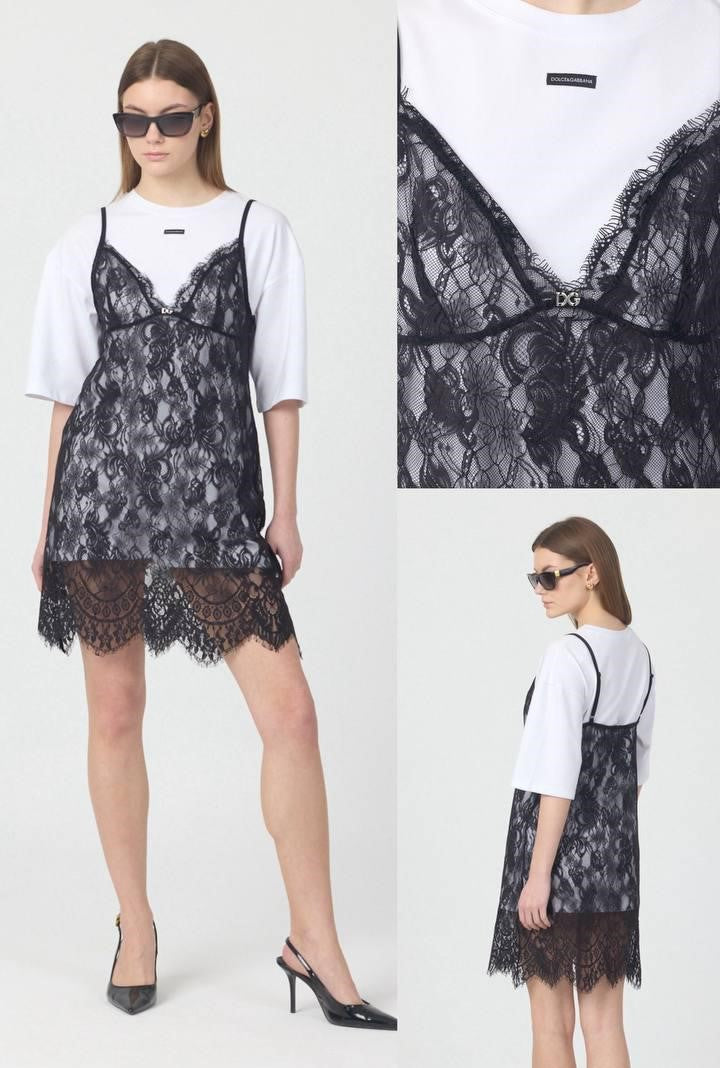 Lace Slip Dress over T-Shirt Set