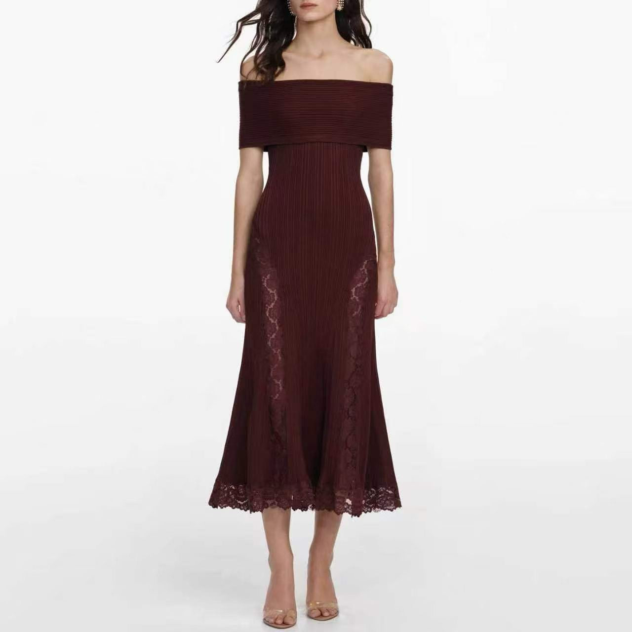 Off-the-Shoulder Lace-Trimmed Knit Dress