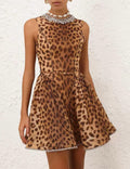 Leopard Print Mini Dress with Embellished Neckline