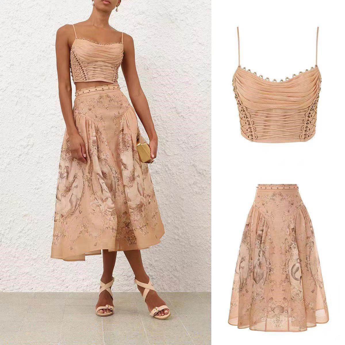 Lace-Up Corset Top and Printed Midi Skirt Set