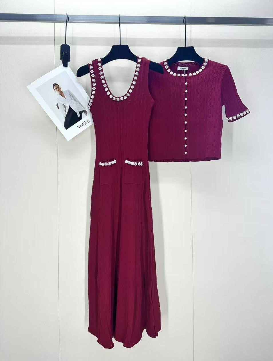 Pearl-Trimmed Knit Dress and Cardigan Set