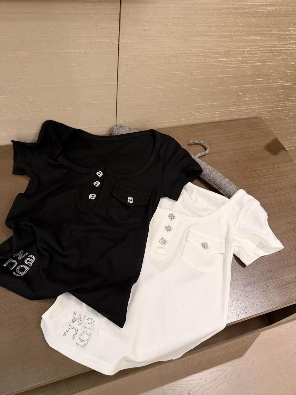 Crystal Button Scoop Neck T-shirt
