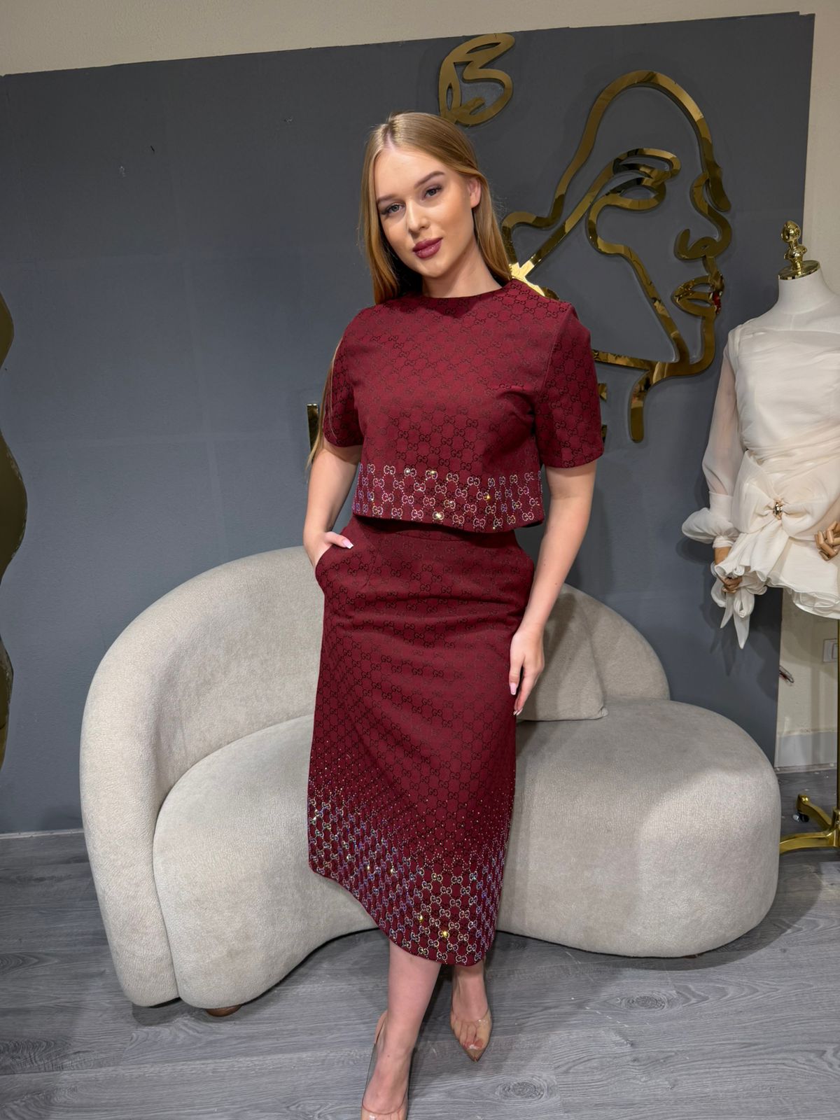 Burgundy Monogram Print Top & Midi Skirt Set