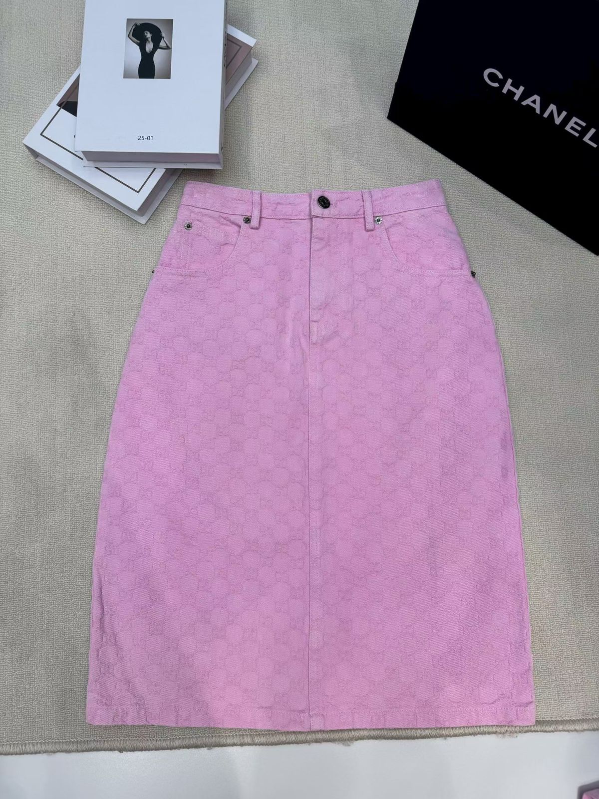 Pink Monogram Denim Midi Skirt